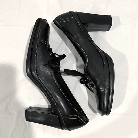 Vintage 90s Lace Up Oxford Size 8.5 Black Leather Square Toe Heels VS Macbeth - Picture 6 of 15